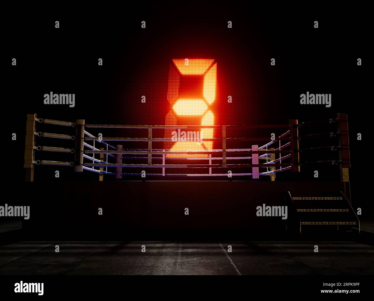 A modern boxing ring with an illuminated digital screen with the number three on a dark isolated background - 3D render Stock Photo