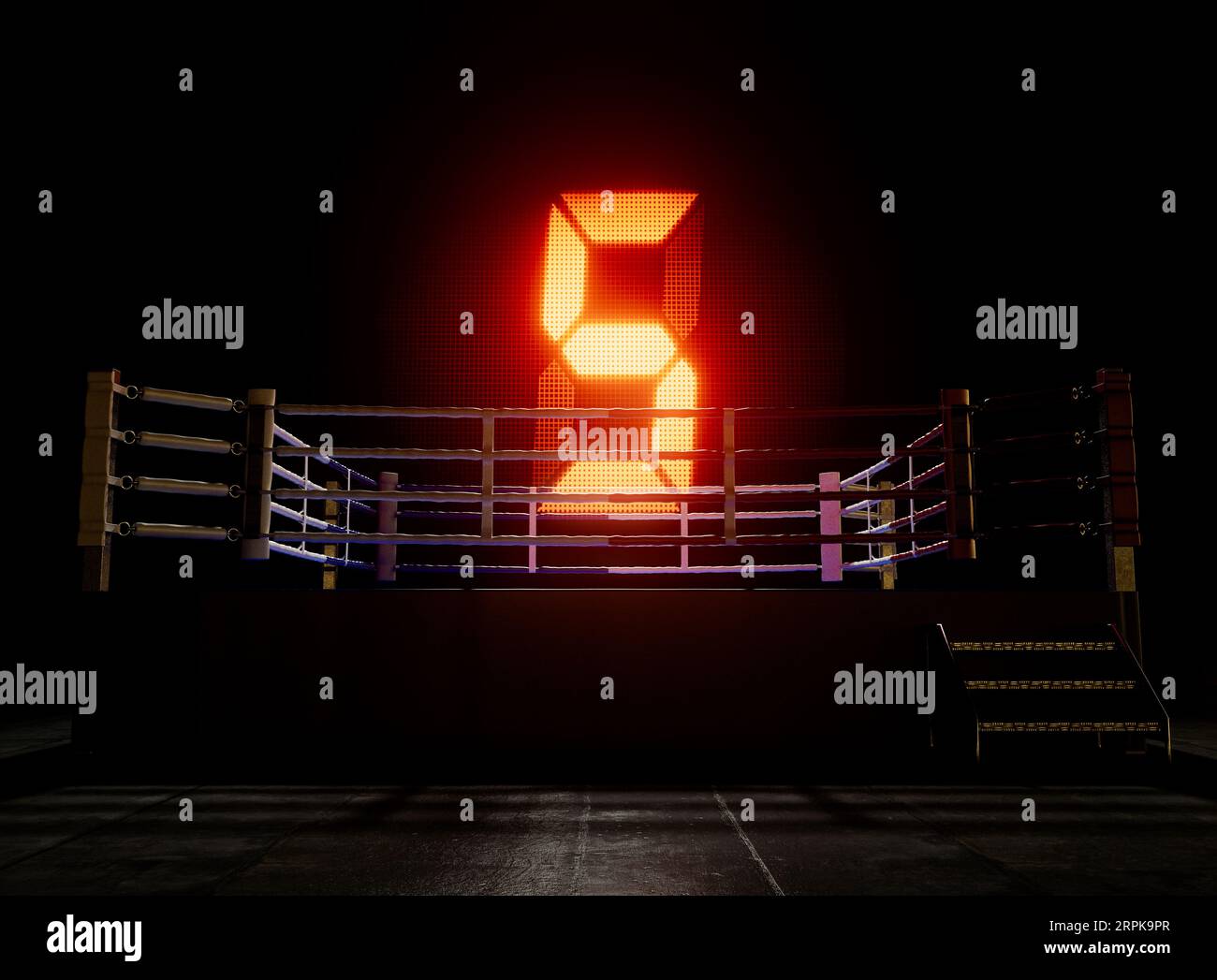 A modern boxing ring with an illuminated digital screen with the number ...