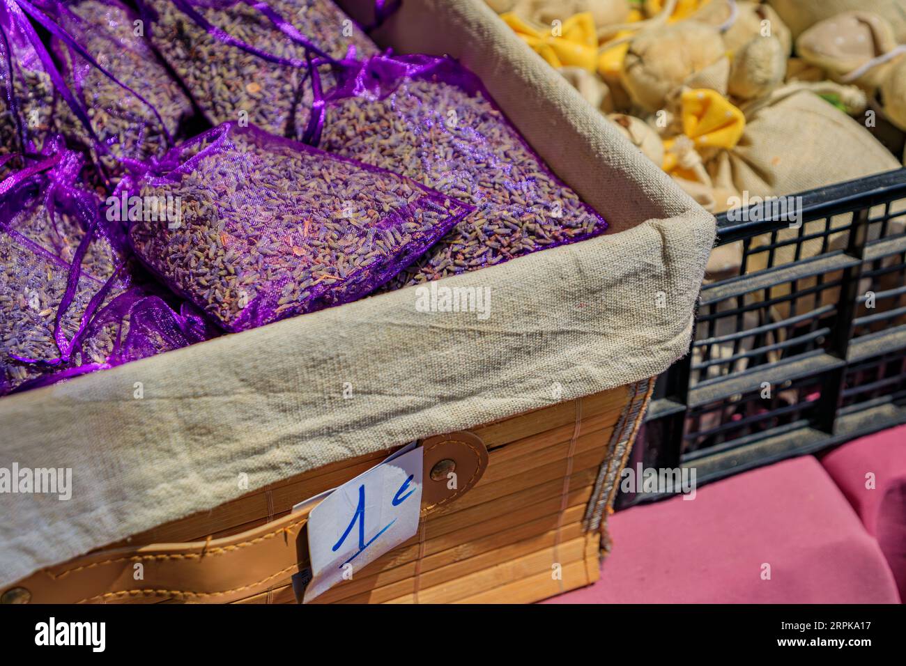 Colorful decorative sachets filled with lavender the Cours Saleya, famous market in the Old Town Vieille Ville, Nice, French Riviera, South of France Stock Photo