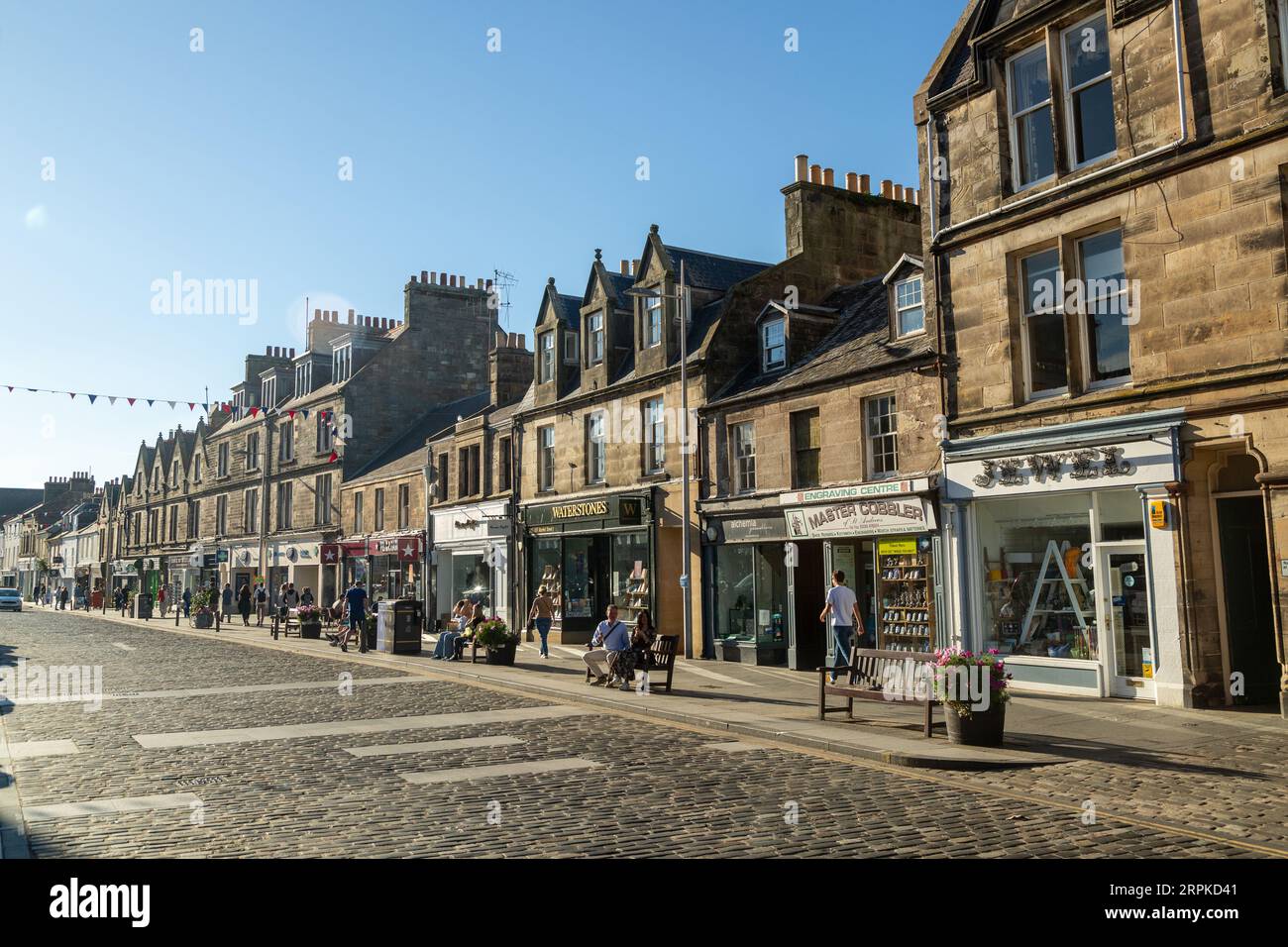 The Cobblestone road in Market Street, St Andrews, Fife, Scotland Stock Photo