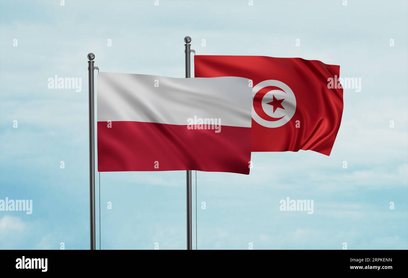 Tunisia and Poland flag waving together in the wind on blue sky, two ...