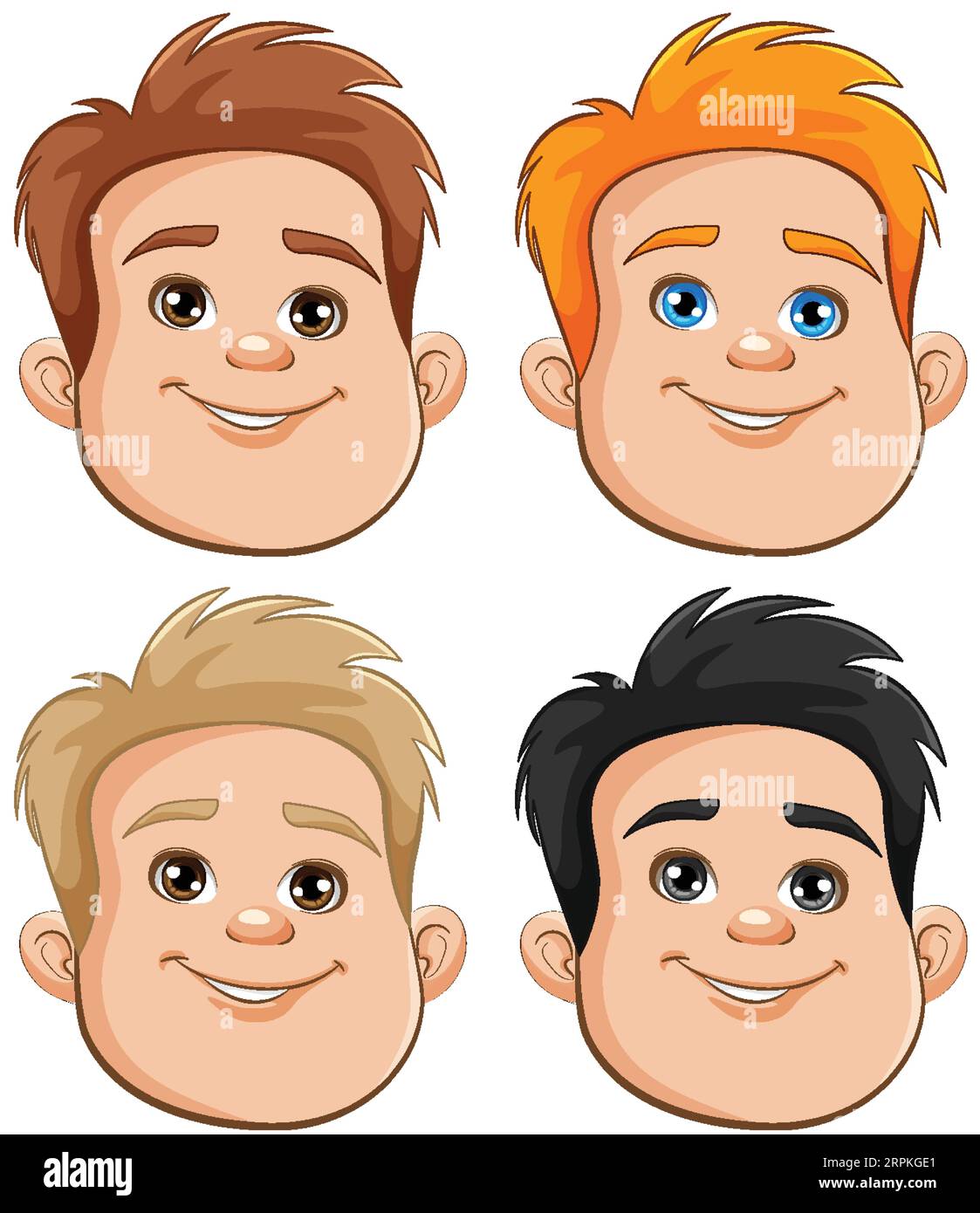 Four cartoon boys with round faces and chubby cheeks in a vector