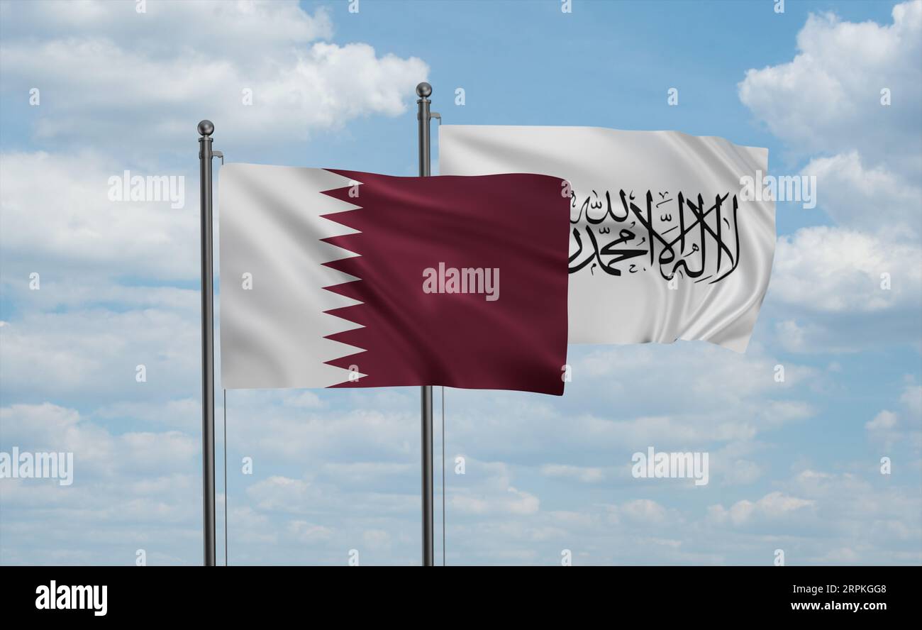 Qatar flag and Afghanistan flag waving together in the wind on blue sky ...