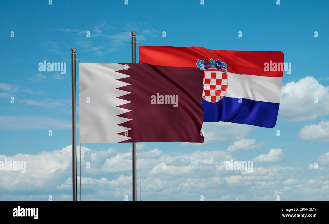 Croatia and Qatar flag waving together in the wind on blue sky, two ...