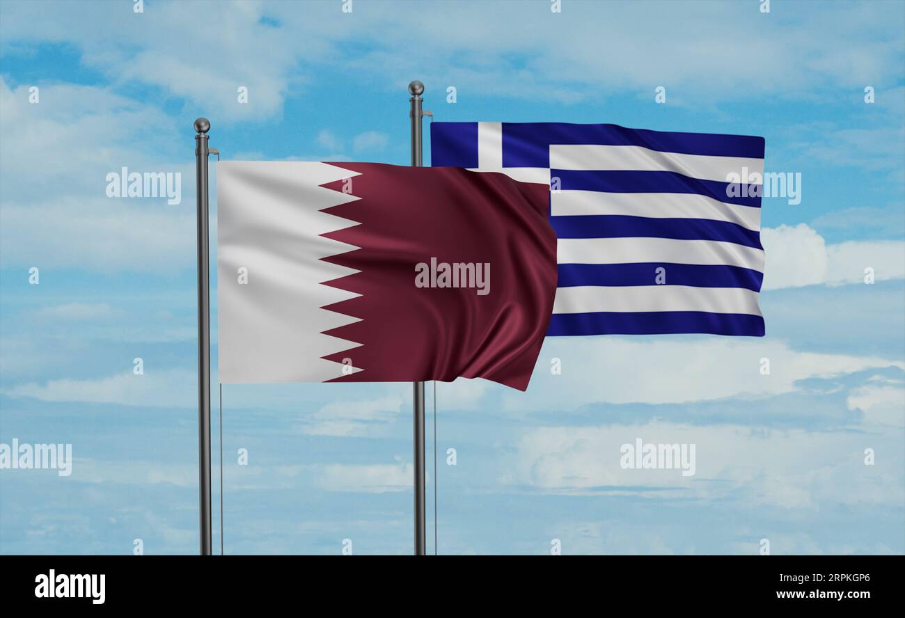 Greece flag and Qatar flag waving together on blue sky, two country ...