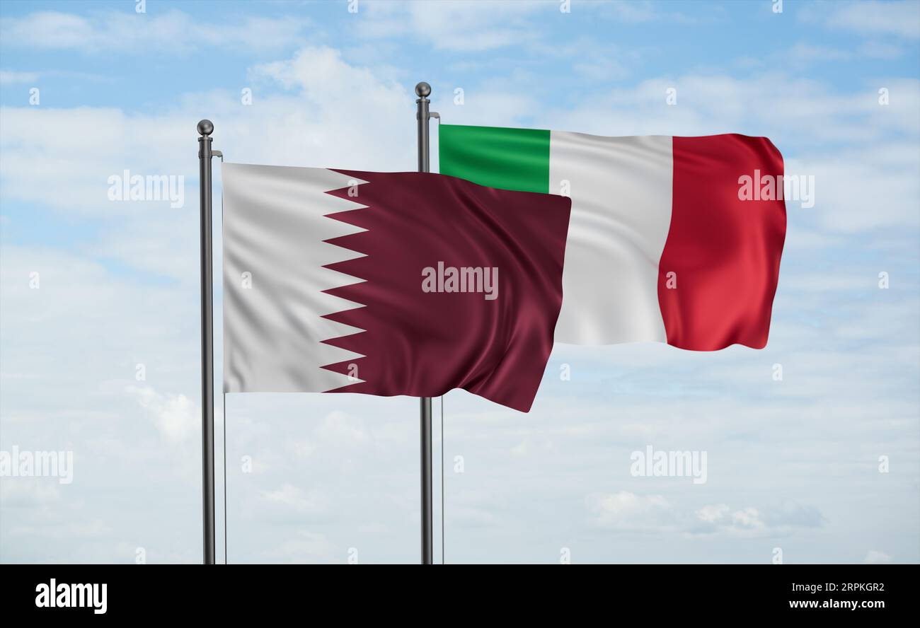 Italy and Qatar flag waving together in the wind on blue sky, two ...