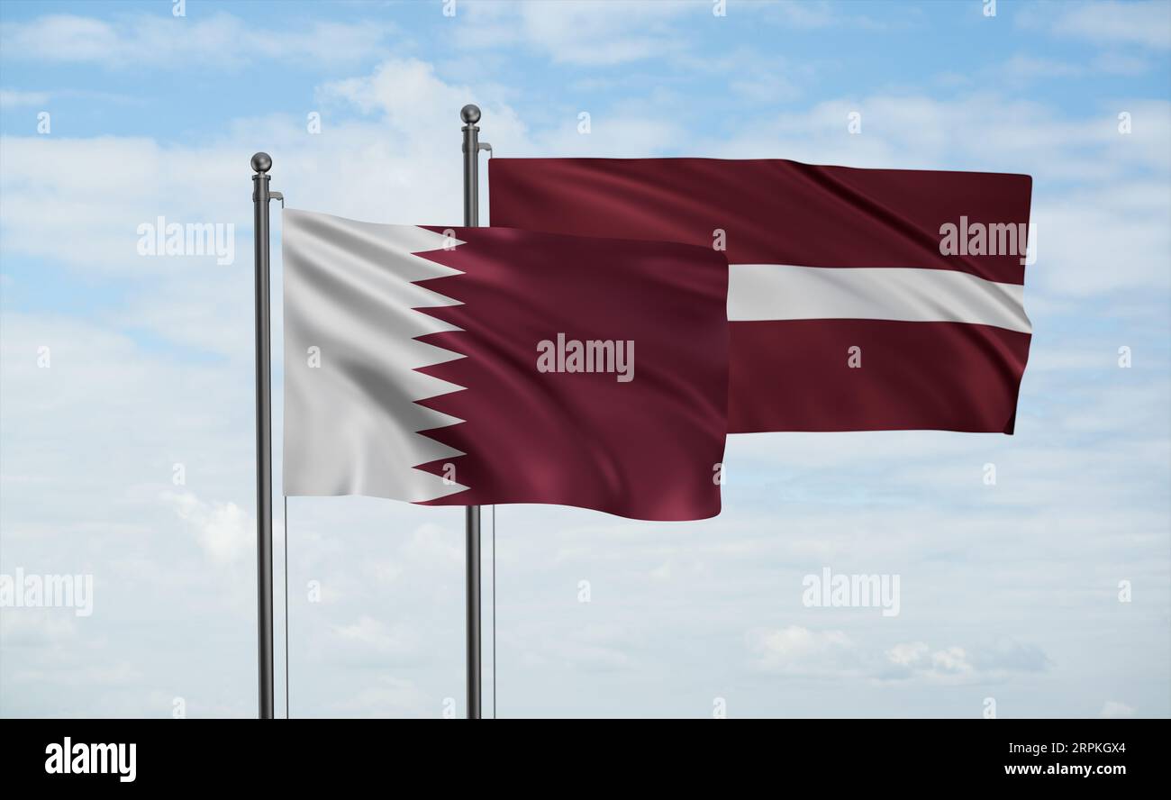 Latvia and Qatar flag waving together in the wind on blue sky, two ...