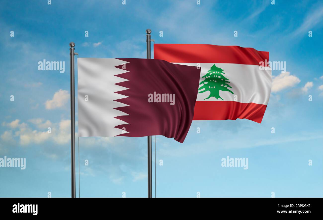 Lebanon and Qatar flag waving together in the wind on blue sky, two ...