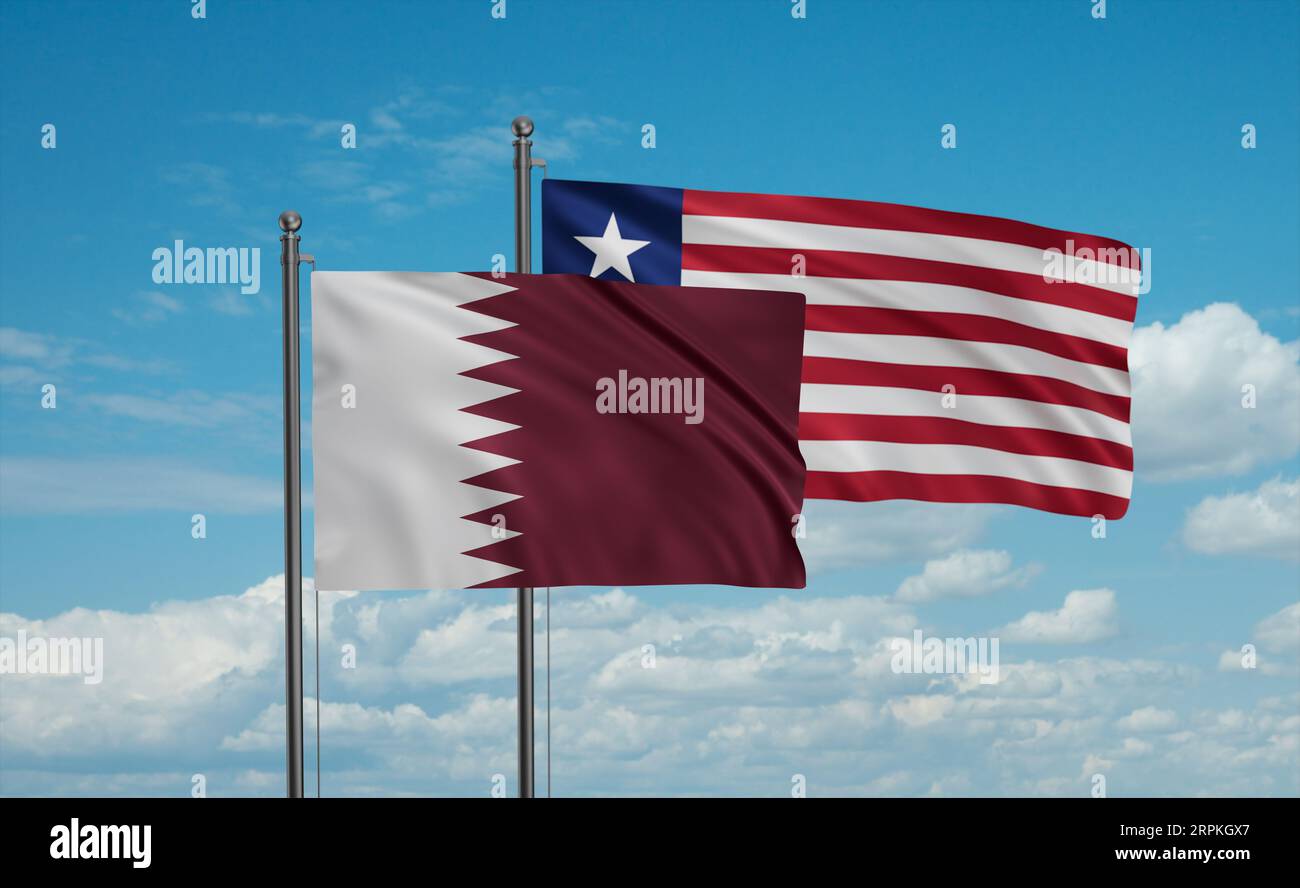 Liberia and Qatar flag waving together in the wind on blue sky, two ...