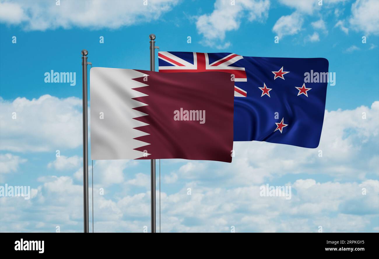 New Zealand and Qatar flag waving together in the wind on blue sky, two ...