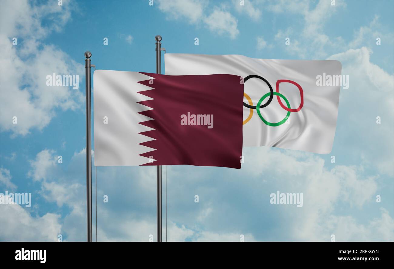 Olympic Games and Qatar flag waving together in the wind on blue sky ...