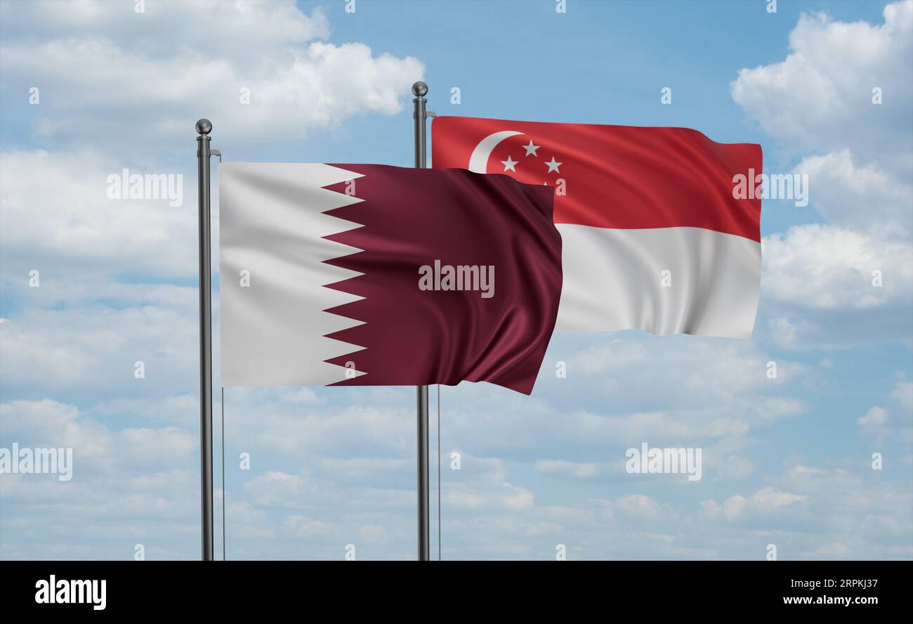 Republic of Singapore and Qatar flag waving together in the wind on ...