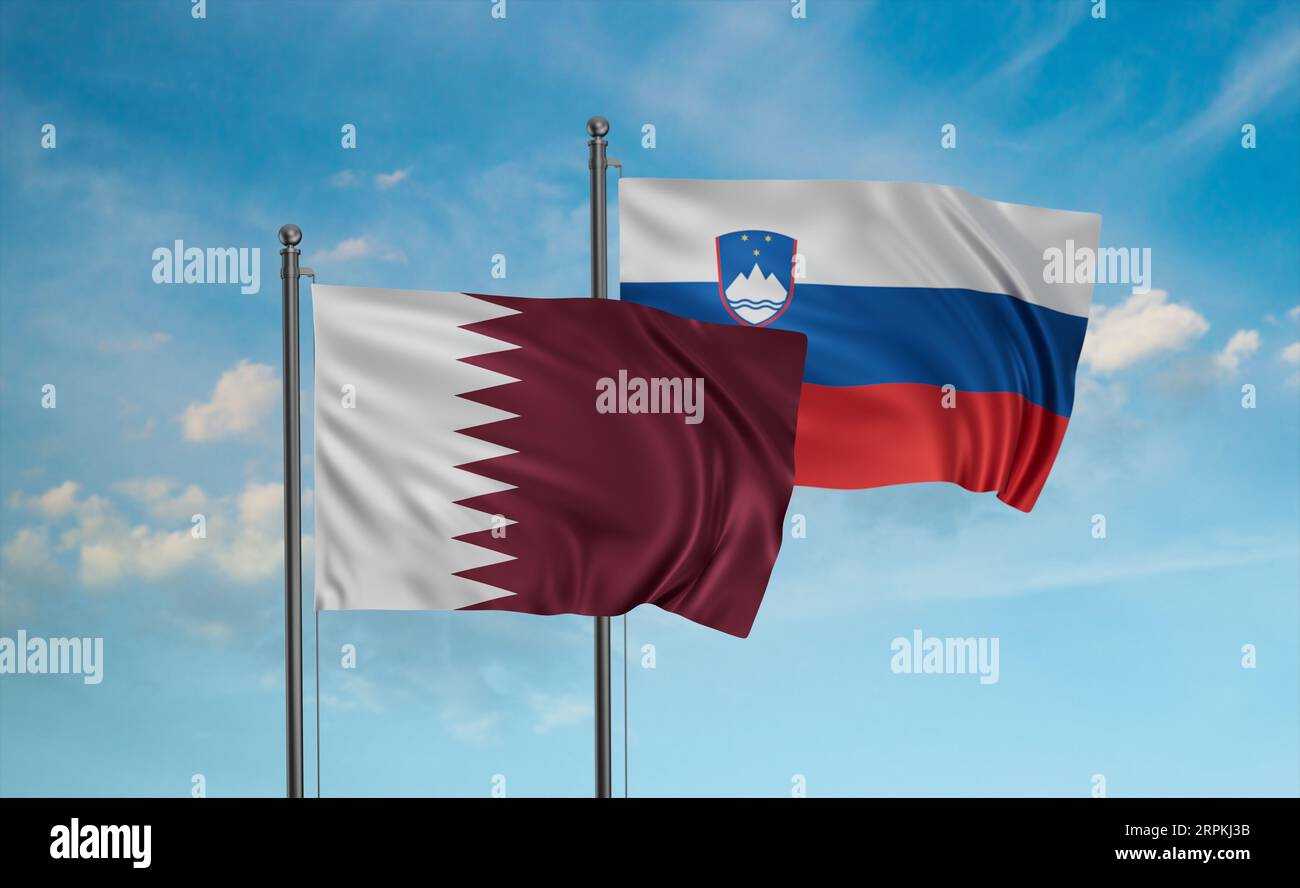 Slovenia and Qatar flag waving together in the wind on blue sky, two ...