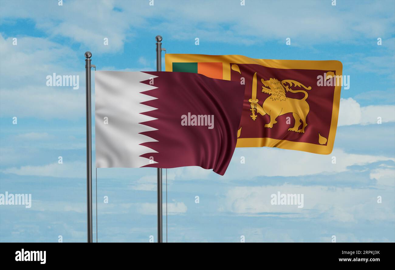 Sri Lanka and Qatar flag waving together in the wind on blue sky, two