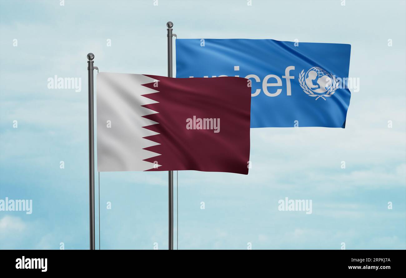 UNICEF and Qatar flag waving together in the wind on blue sky Stock ...