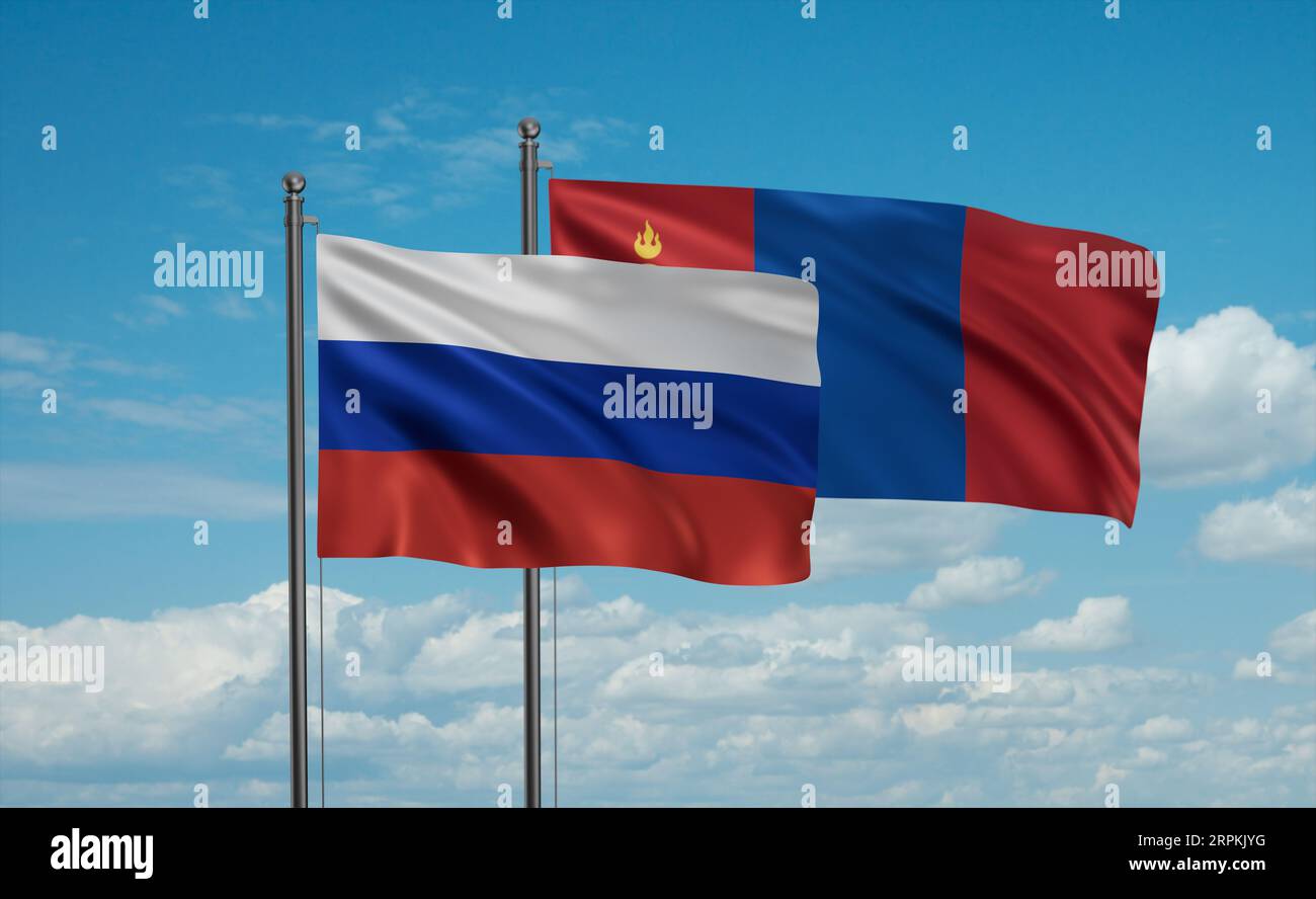 Mongolia and Russia flag waving together in the wind on blue sky, two ...