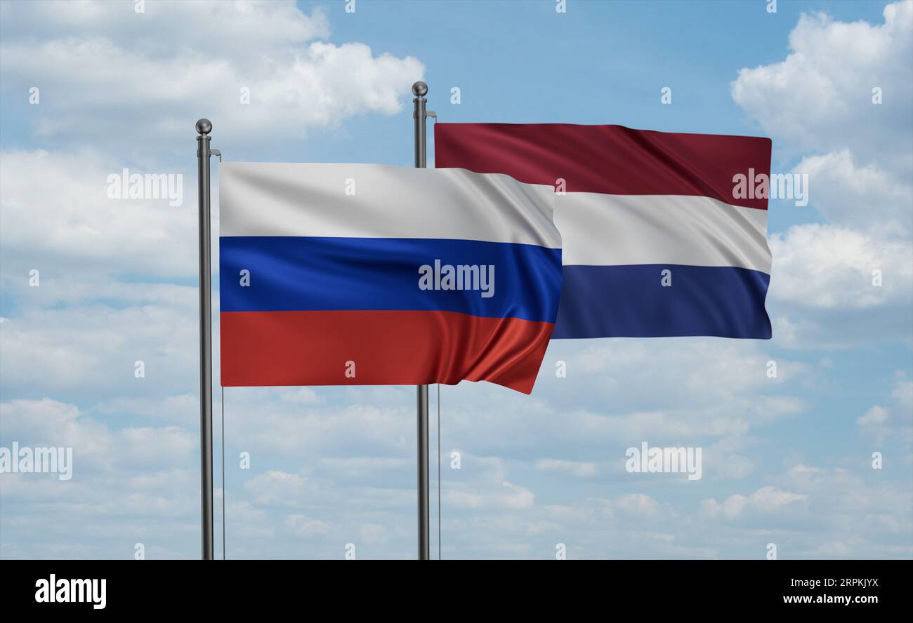 Netherlands flag and Russia flag waving together on blue sky, two ...