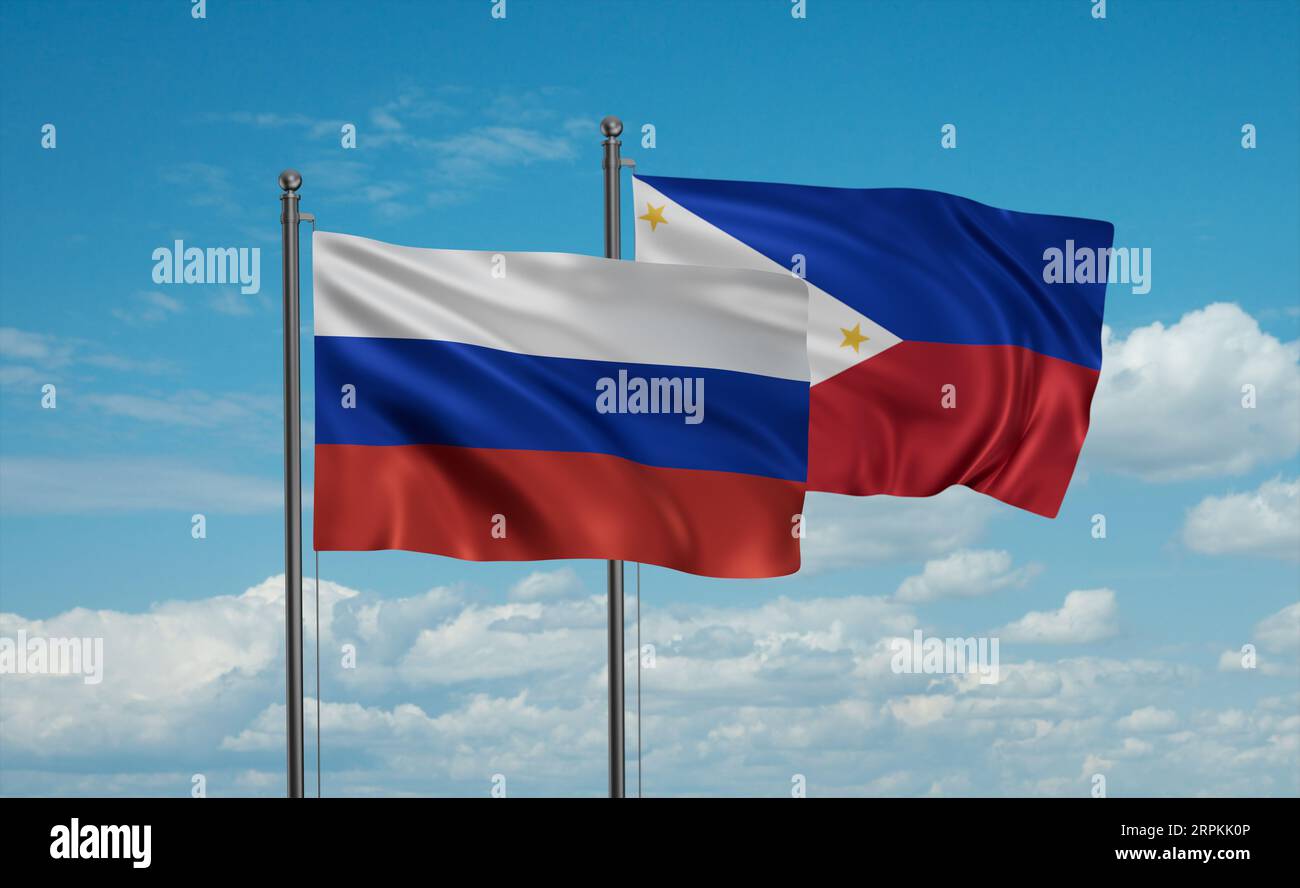 Philippines and Russia flag waving together in the wind on blue sky ...