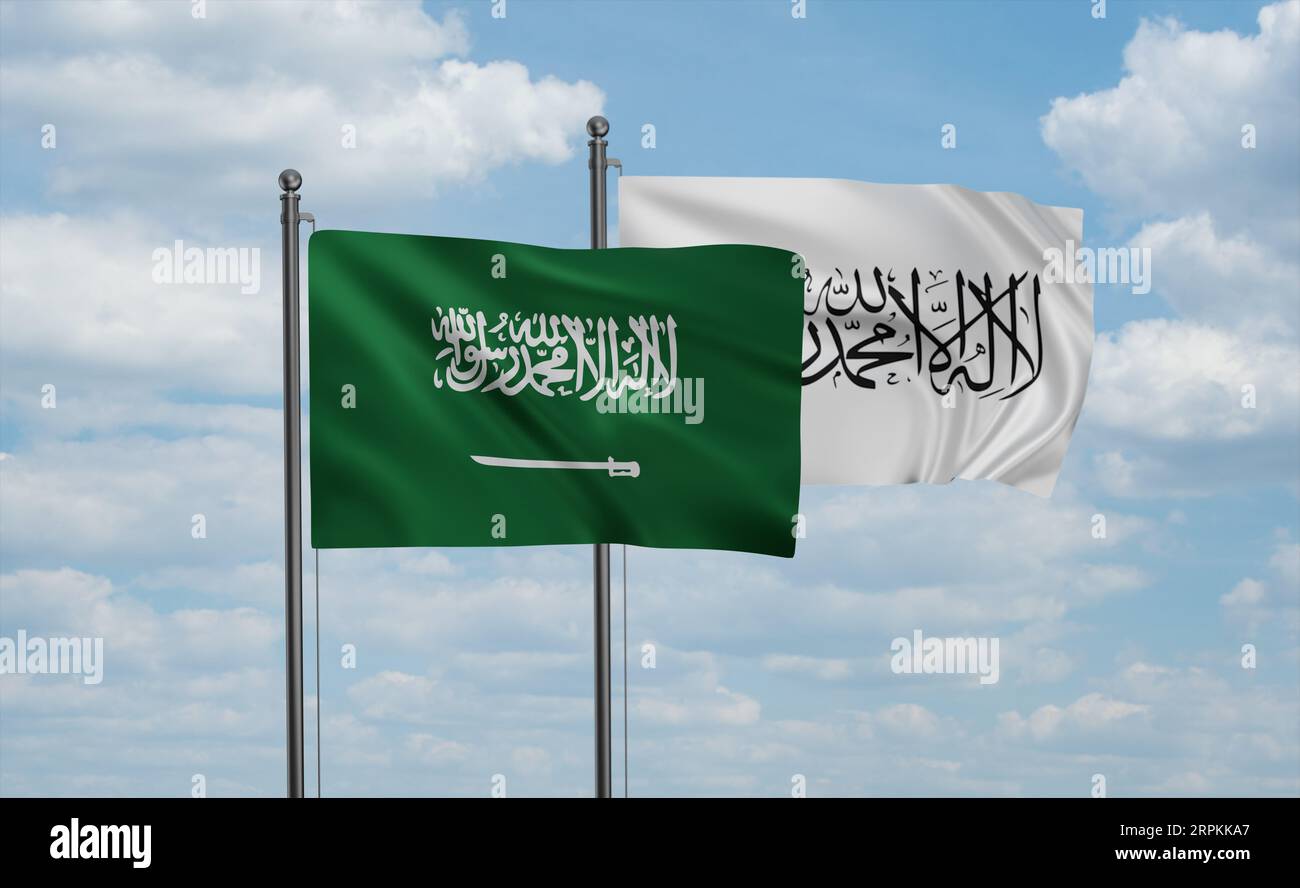 Saudi Arabia, KSA flag and Afghanistan flag waving together in the wind on blue sky Stock Photo