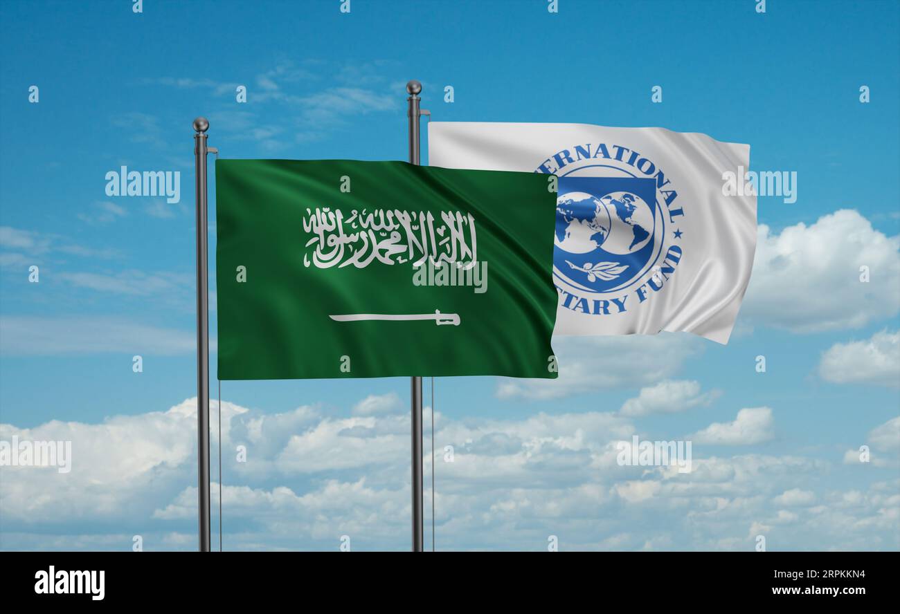 IMF International Fund flag and Saudi Arabia, KSA flag waving together on blue sky