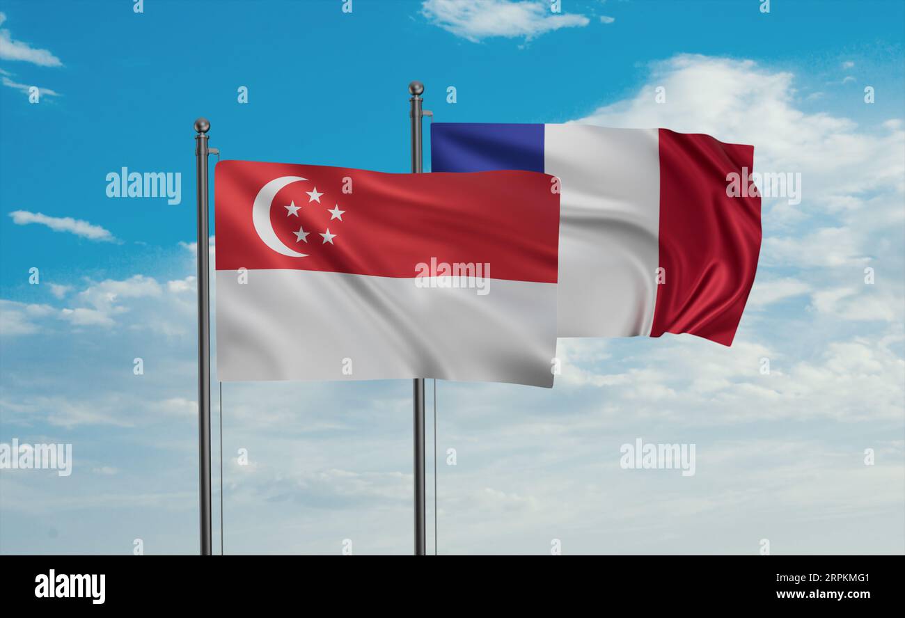 France and Singapore flags waving together on blue sky, two country
