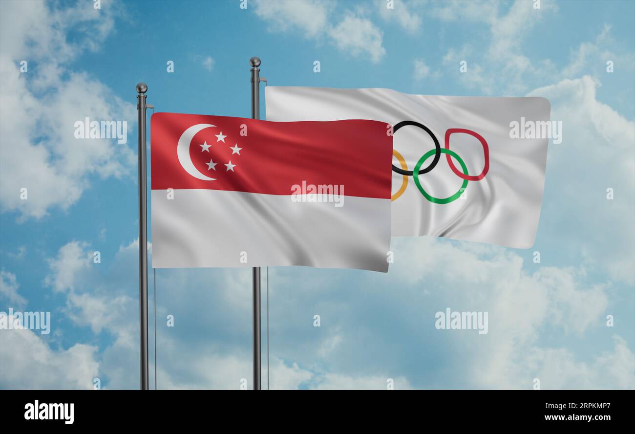 Olympic Games and Singapore flag waving together in the wind on blue ...