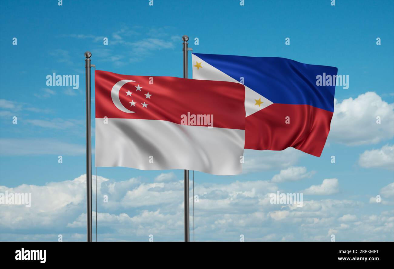 Philippines and Singapore flag waving together in the wind on blue sky ...