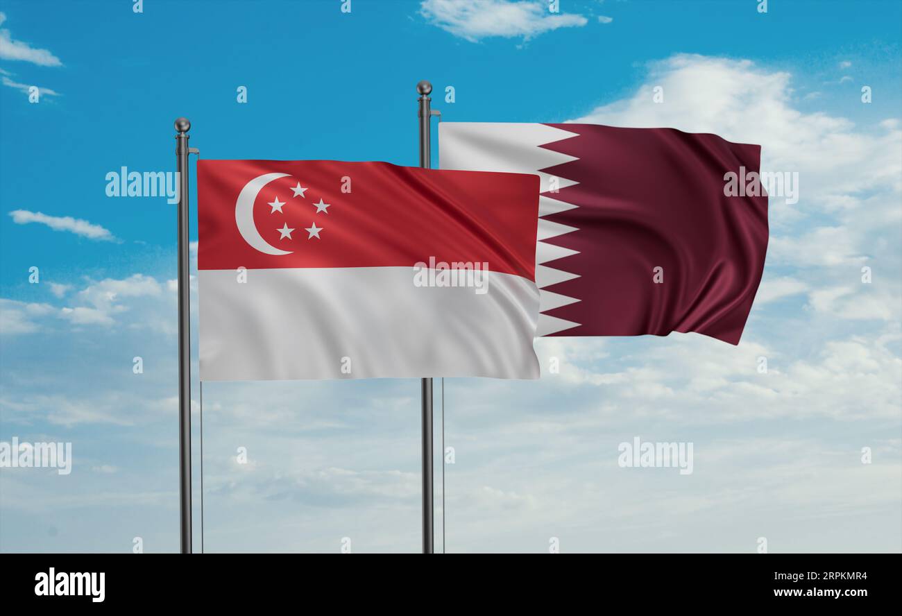 Qatar and Singapore flag waving together in the wind on blue sky, two ...