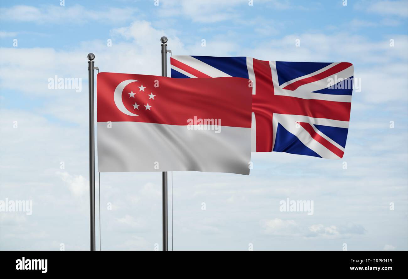 United Kingdom and Singapore flag waving together in the wind on blue sky, two country cooperation concept Stock Photo