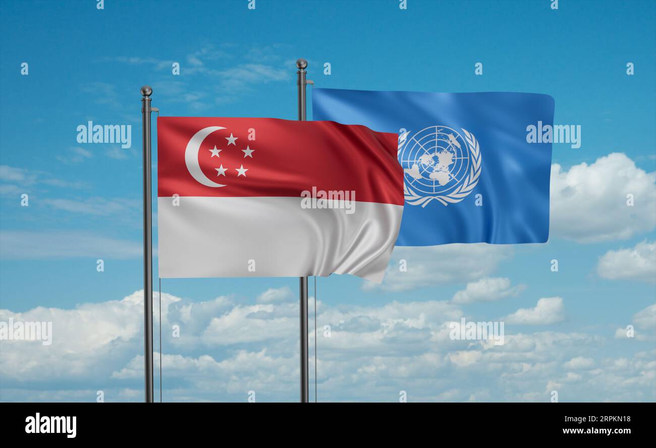 United Nations and Singapore flag waving together in the wind on blue ...