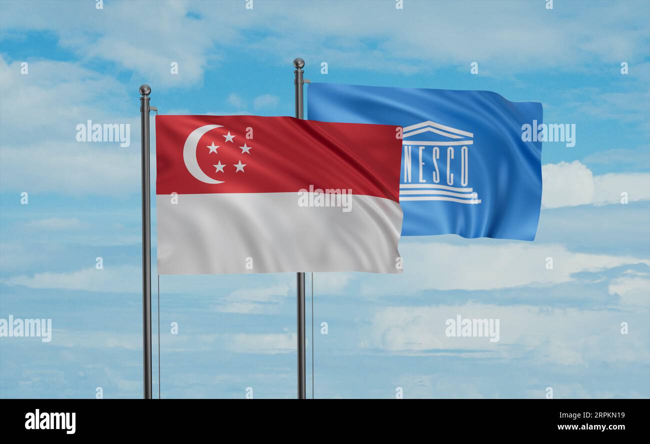 UNESCO and Singapore flag waving together in the wind on blue sky Stock ...