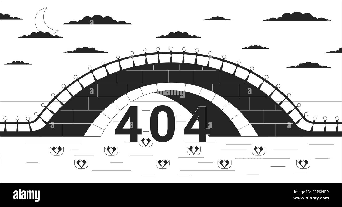 Twilight bridge across river black white error 404 flash message Stock Vector