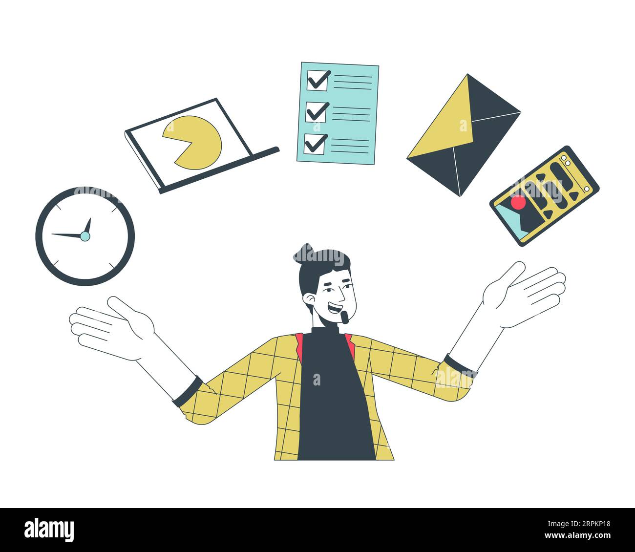 Man juggling items flat line concept vector spot illustration Stock