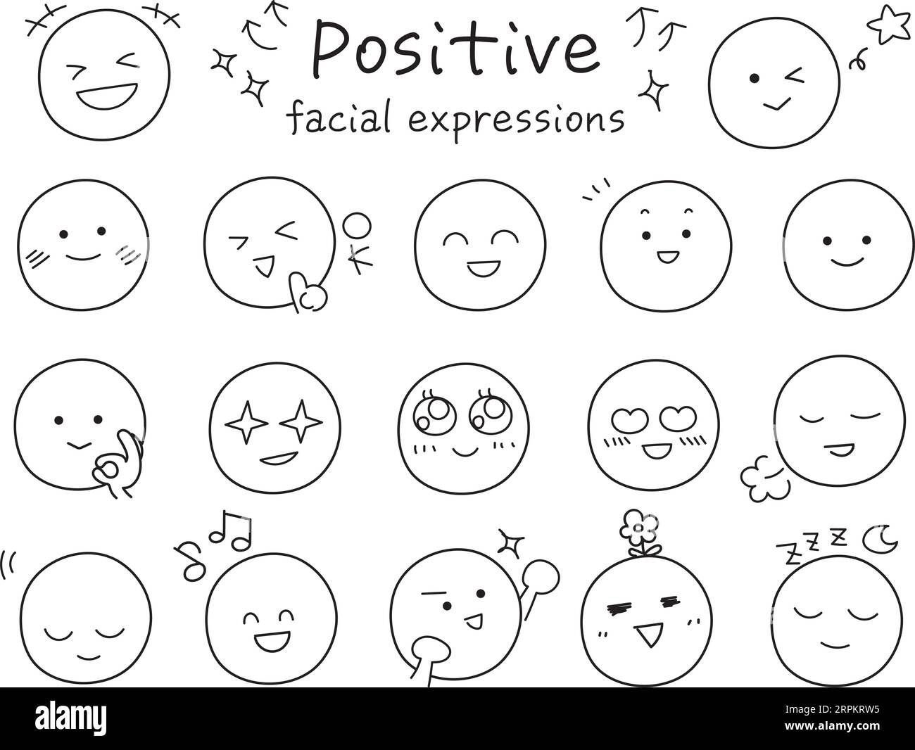 Simple and cute positive facial expression icon set. Black line drawing with hand-drawn touch.  Collection of funny emojis. Stock Vector