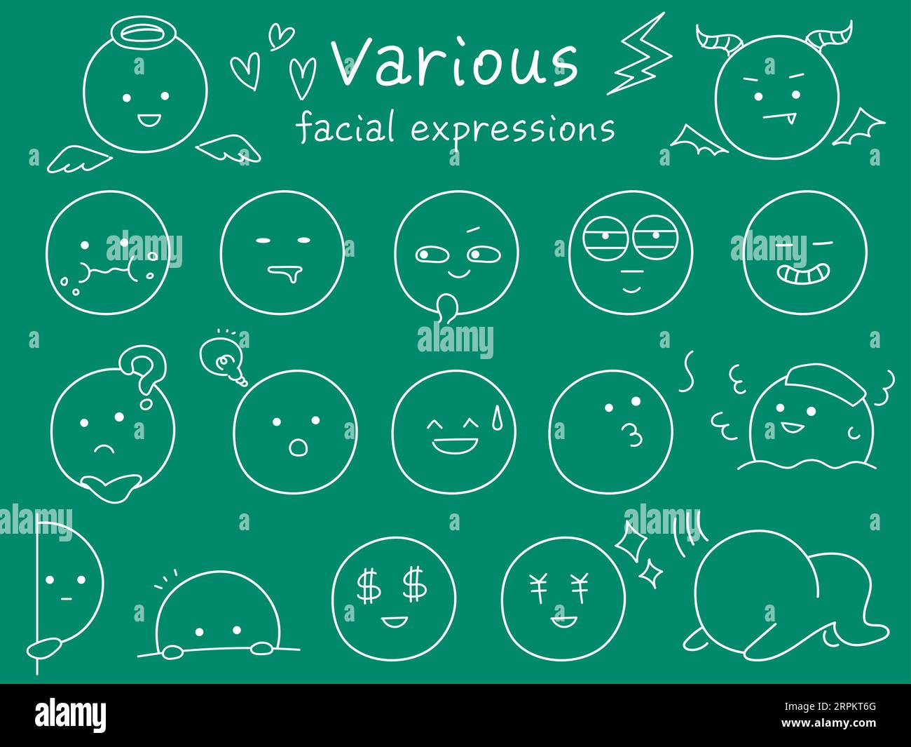 Simple and cute icon set of various facial expressions. White line drawing with hand-drawn touch.  Collection of funny emojis. Stock Vector