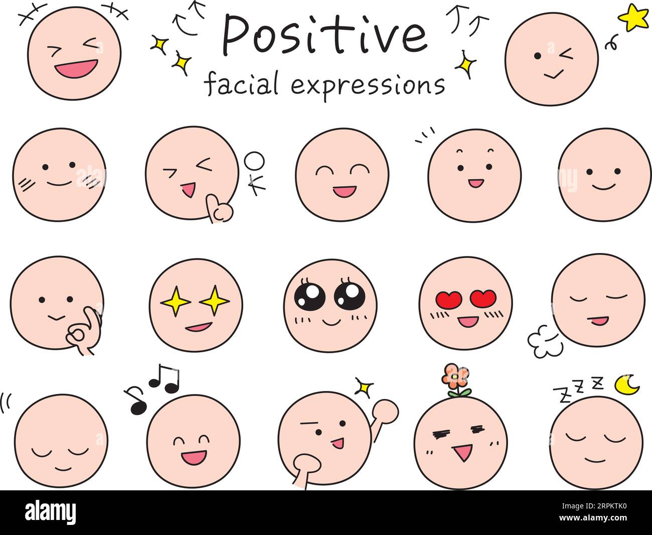 Simple and cute positive facial expression icon set. Color pictogram style illustration.  Collection of funny emojis. Stock Vector