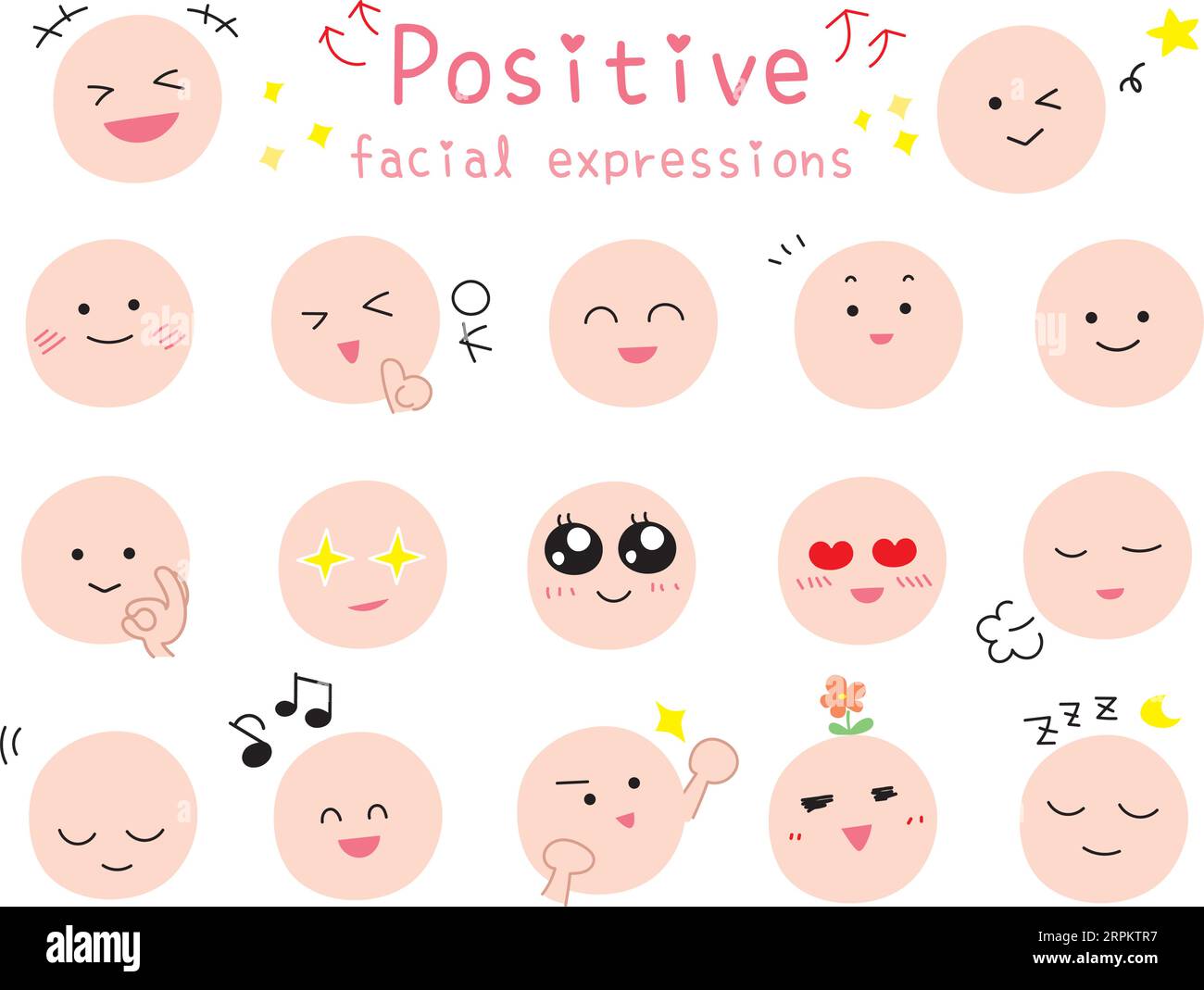 Simple and cute positive facial expression icon set. Colored flat design illustration.  Collection of funny emojis. Stock Vector