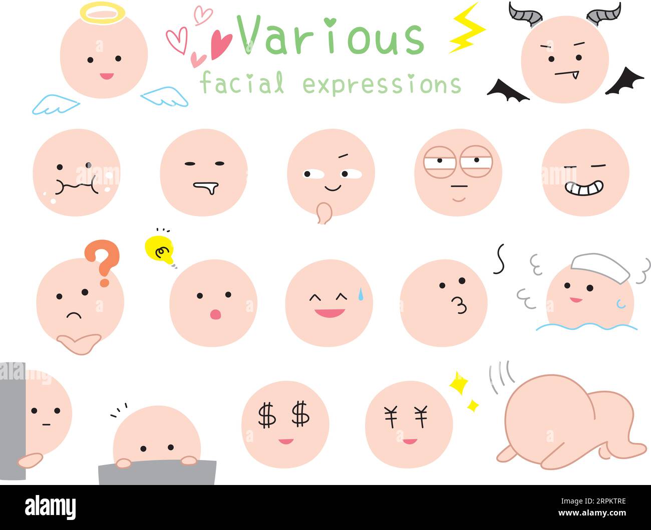 Simple and cute icons with various facial expressions. Colored flat design illustration.  Collection of funny emojis. Stock Vector