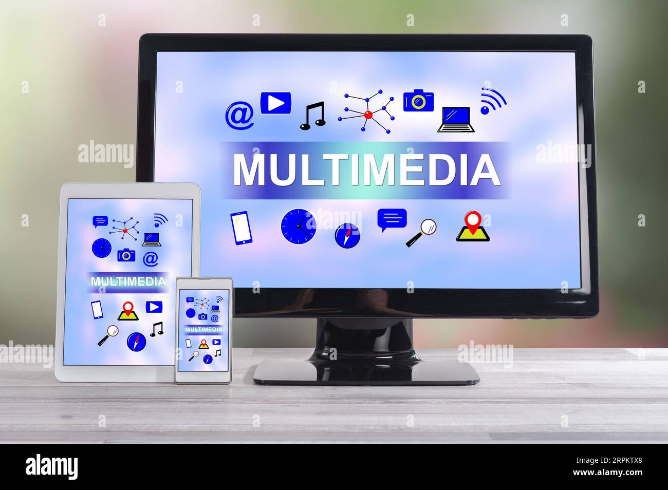 Multimedia concept shown on different information technology devices Stock Photo