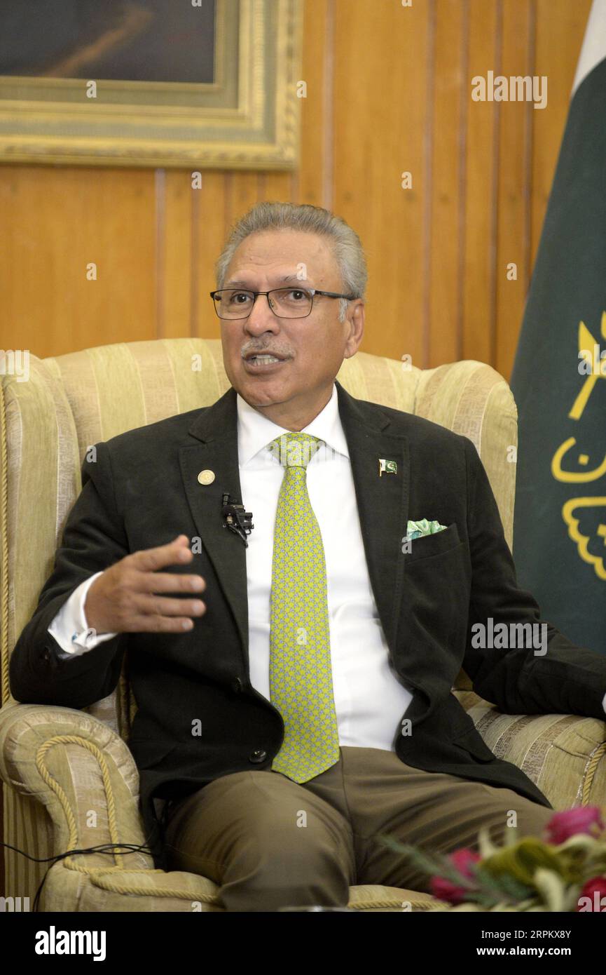 200119 -- ISLAMABAD, Jan. 19, 2020 -- Pakistani President Arif Alvi speaks in an interview with Chinese media in Islamabad, capital of Pakistan on Jan. 17, 2020. China has successfully lifted more than 800 million people out of poverty, which is a great achievement without parallel in history, and Pakistan is learning from China s experience, Pakistani President Arif Alvi said. TO GO WITH Interview: Pakistan sees China s achievements in poverty alleviation as model, says Pakistani president  PAKISTAN-ISLAMABAD-PRESIDENT-INTERVIEW AhmadxKamal PUBLICATIONxNOTxINxCHN Stock Photo