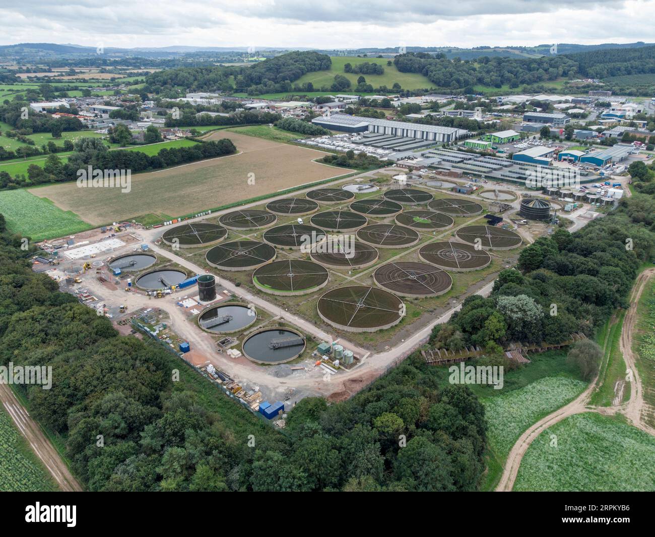 Drone image of Sewage treatment works at Hereford England Stock Photo