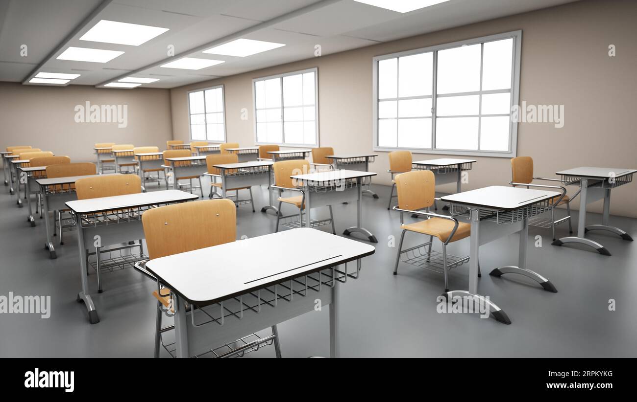 Rows of student desks inside the classroom. 3D illustration Stock Photo