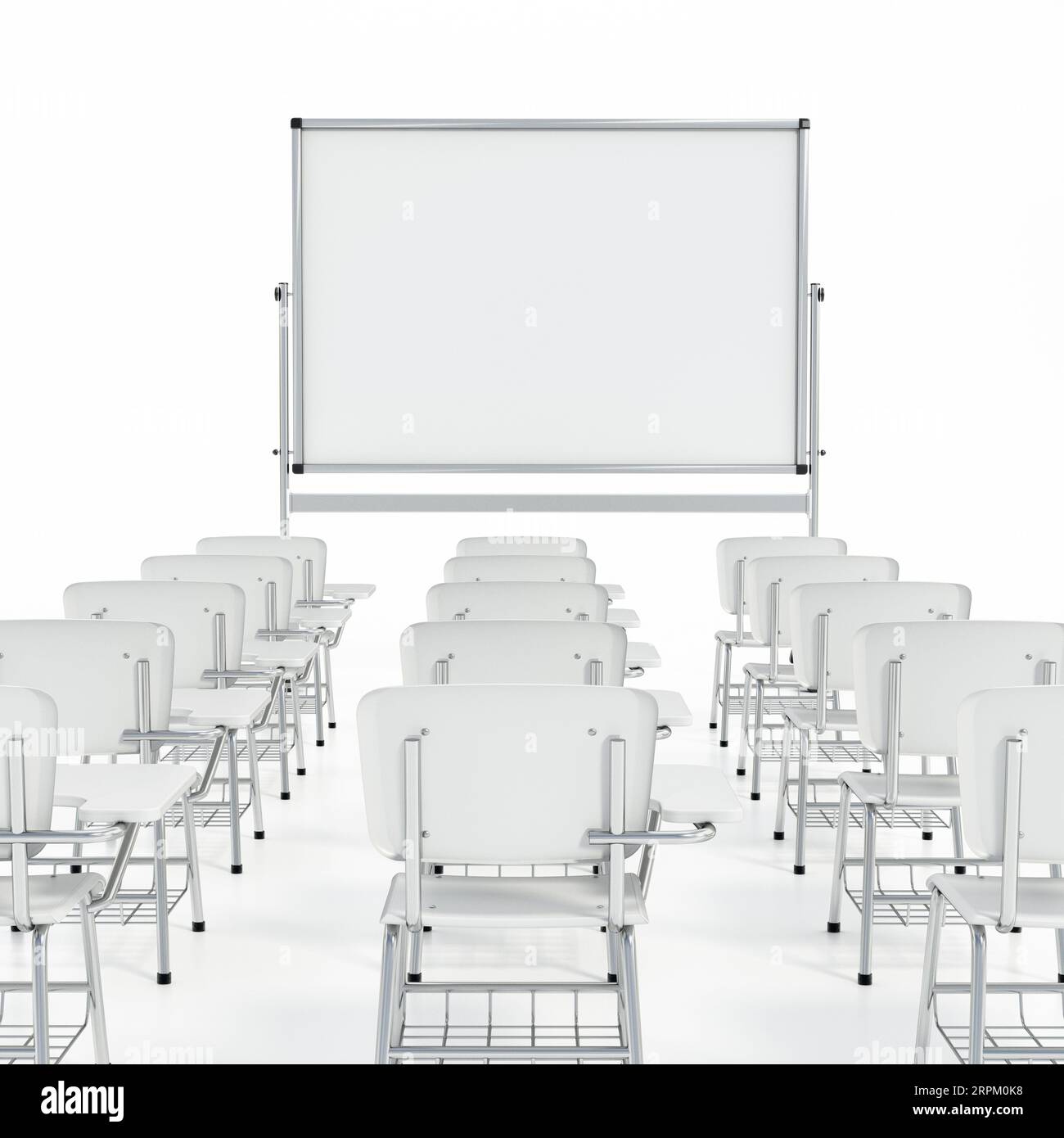 Rows of student desks and whiteboard isolated on white background. 3D ...