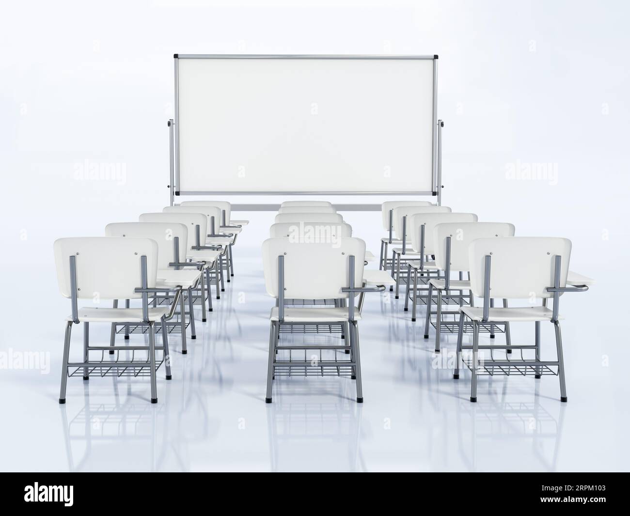 Rows of student desks and whiteboard isolated on white background. 3D ...