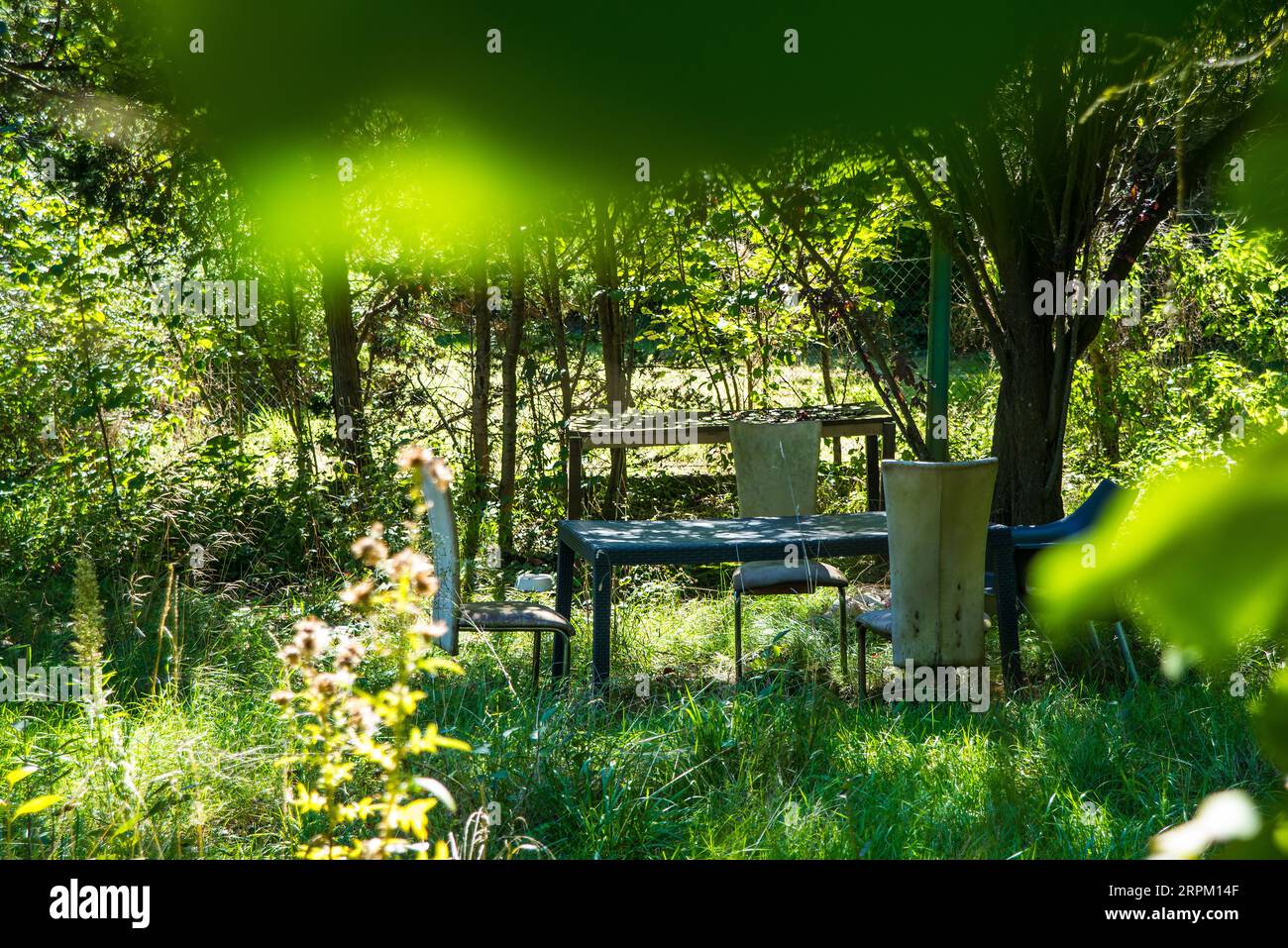 hidden seat in a garden with table and chairs Stock Photo