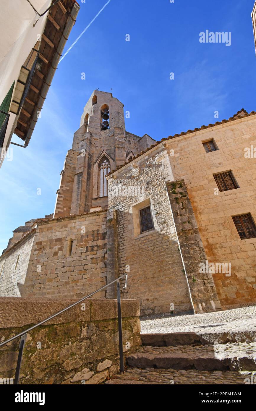 View of the bell tower of the Morella church from the old town Stock Photo