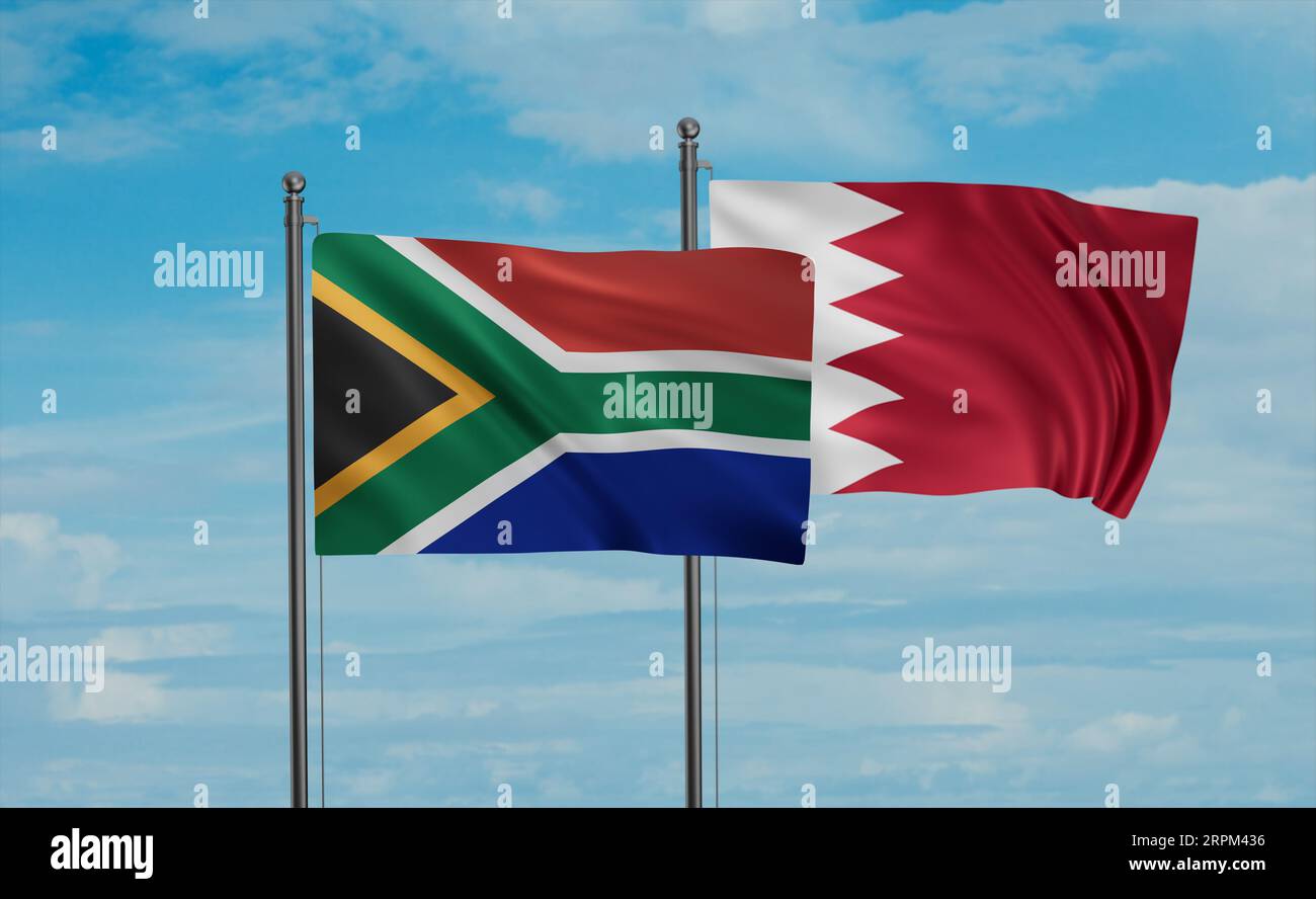 Bahrain Flag And South Africa Flag Waving Together On Blue Sky Two bahrain-flag-and-south-africa-flag-waving-together-on-blue-sky-two