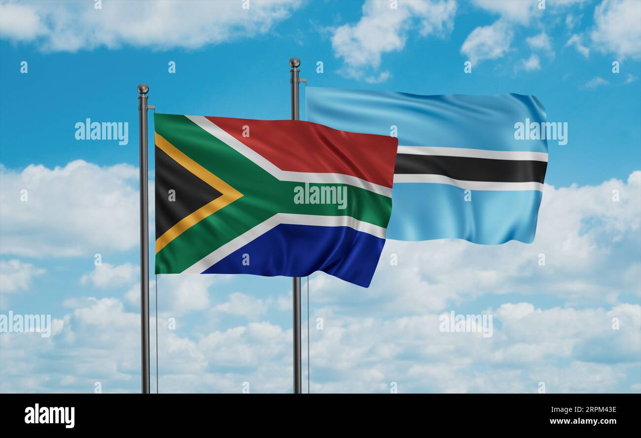 Botswana flag and South Africa flag waving together on blue sky, two ...