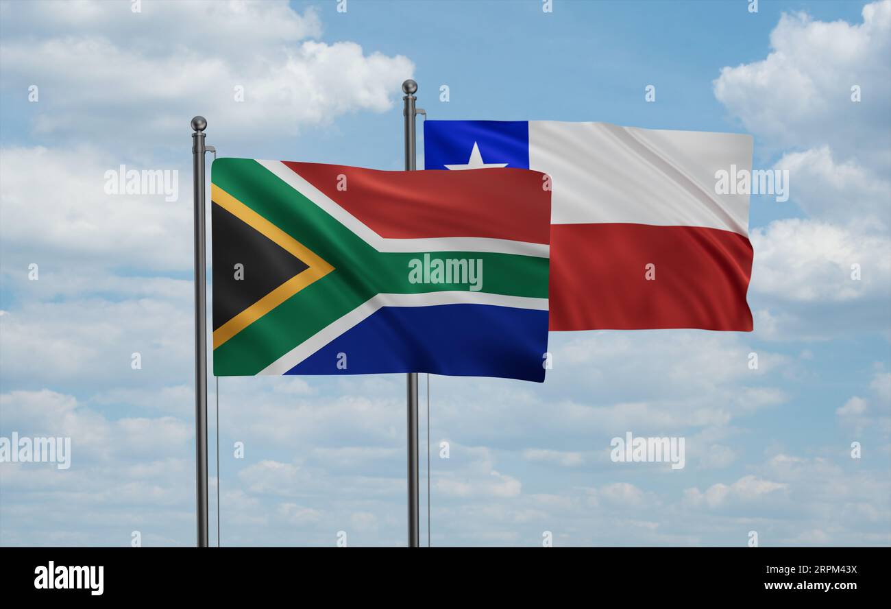 Chile flag and South Africa flag waving together on blue sky, two ...