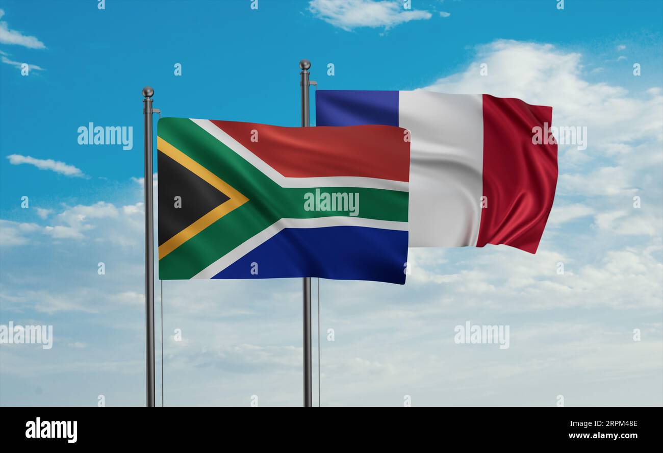 South Africa and France flags waving together on blue sky, two country ...